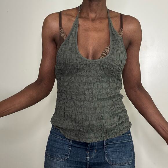 VINTAGE | Y2K Old Navy Olive Green Cotton Boho Smocked Halter Top Size Medium - Picture 1 of 4